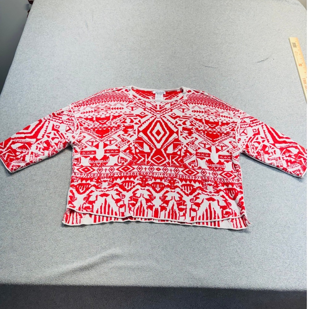 Boho Southwestern Print Knit Top One Size Red White Sweater Geometric Casual
